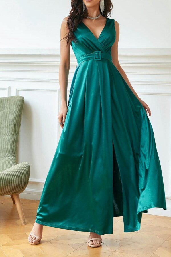 Φόρεμα formal σατινέ με ζώνη ασορτί κυπαρισσί 80560-201