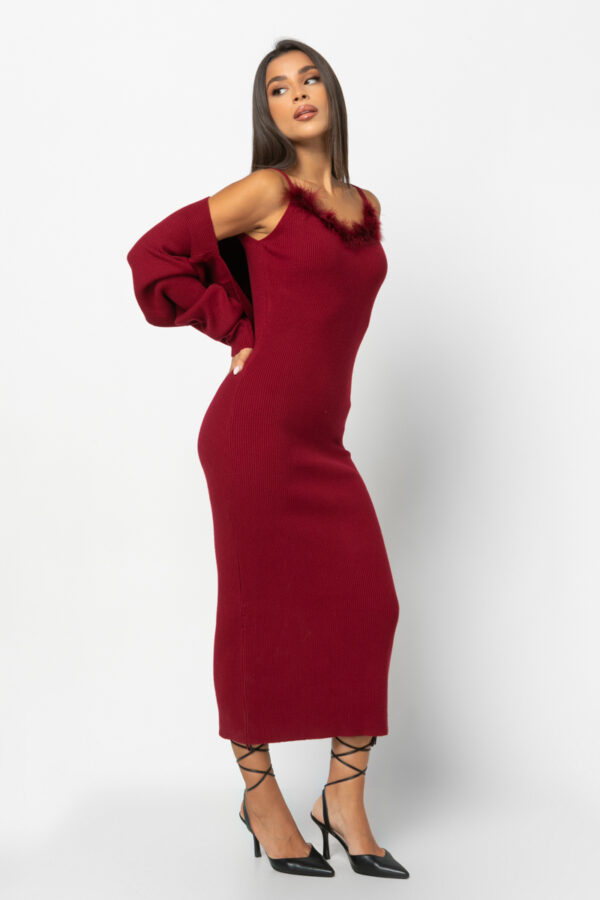 Σετ ζακετάκι και φόρεμα πλεκτό με πούπουλο μπορντό 90075-201