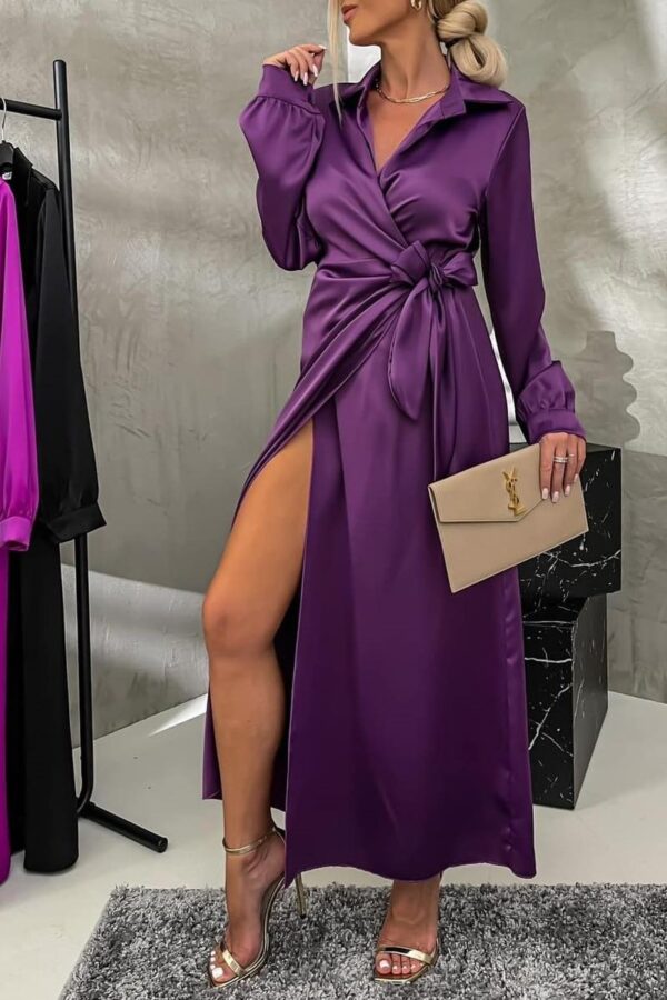 Φόρεμα σατινέ μακρύ με σχέδιο δέσιμο μωβ 90140-201