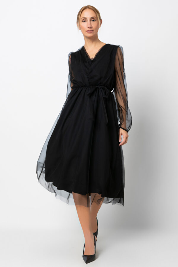 Φόρεμα μίντι με layers και τούλι μαύρο 90316-201
