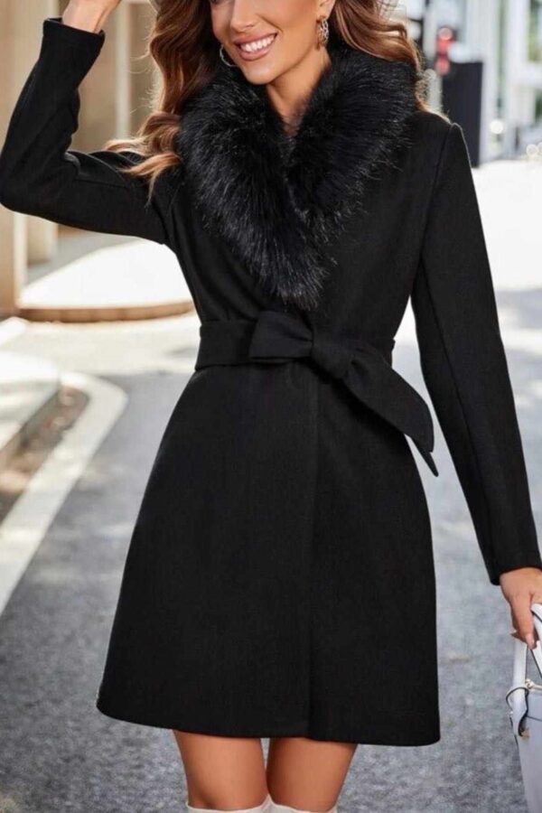 Παλτό με ζώνη και γούνα γιακά μαύρο 90434-502