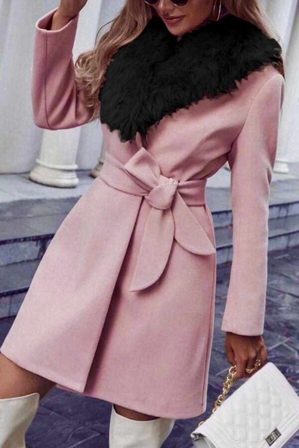 Παλτό με ζώνη και γούνα γιακά ροζ 90434-502