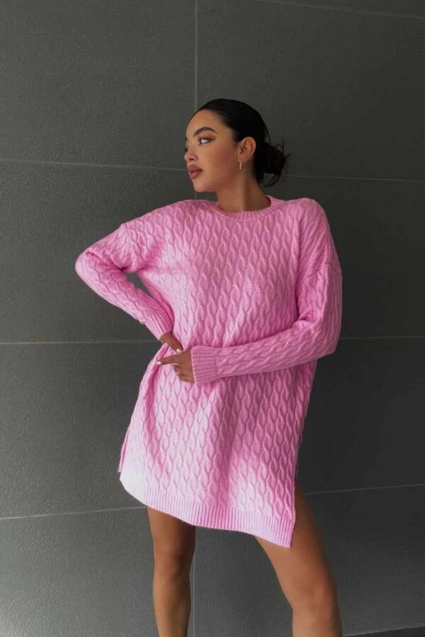 Μπλουζοφόρεμα με πλέξη πλεξούδες και σκισίματα ροζ 90513-201