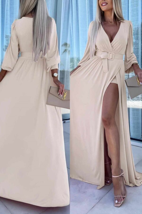 Φόρεμα μακρύ κρουζέ με ζώνη και σκίσιμο μπεζ 10038-201