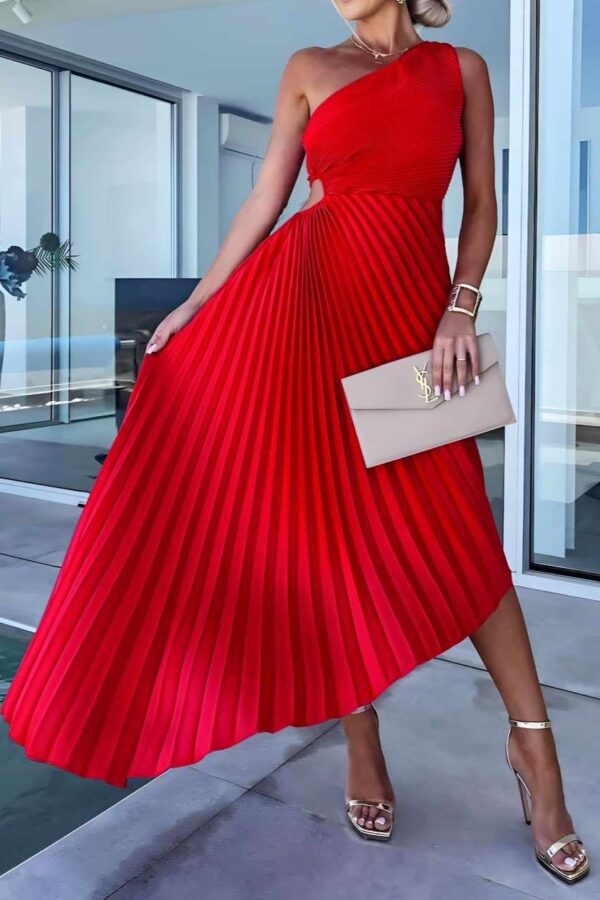 Φόρεμα με έναν ώμο πλισέ και cut στην μέση κόκκινο 10075-201