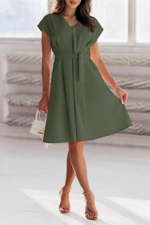 Φόρεμα κοφτό μανίκι με ν και ζώνη χακί 10087-201