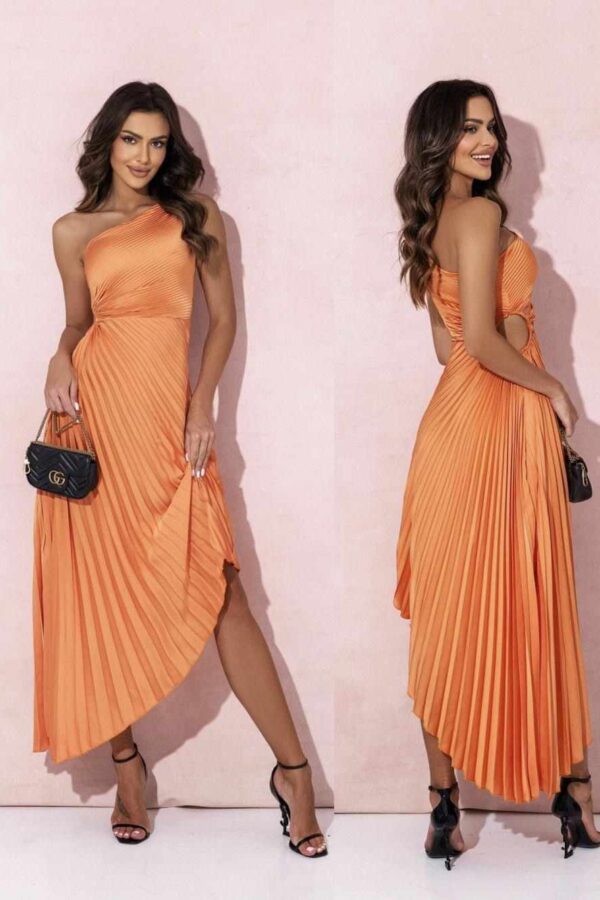 Φόρεμα με έναν ώμο πλισέ και cut στην μέση πορτοκαλί 10075-201