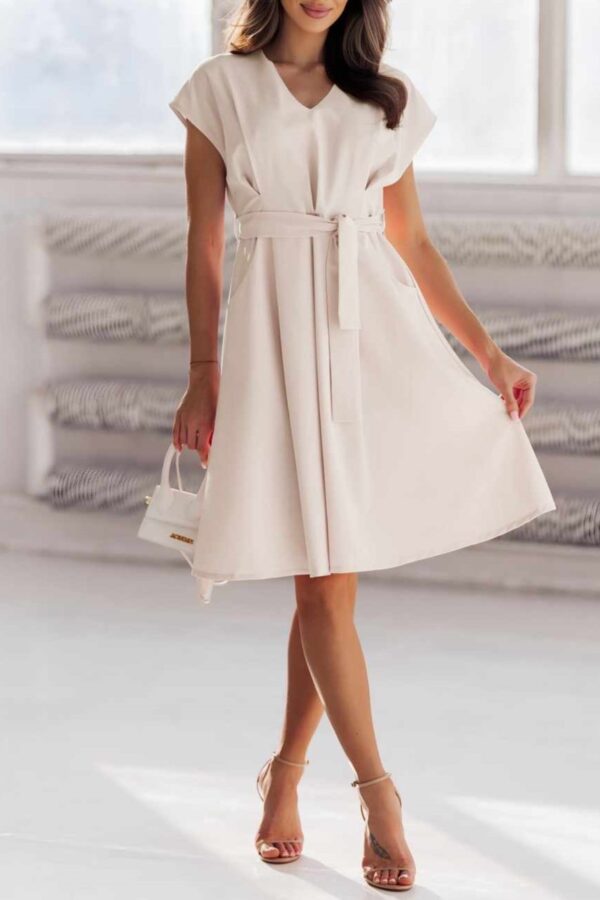 Φόρεμα κοφτό μανίκι με ν και ζώνη μπεζ 10087-201