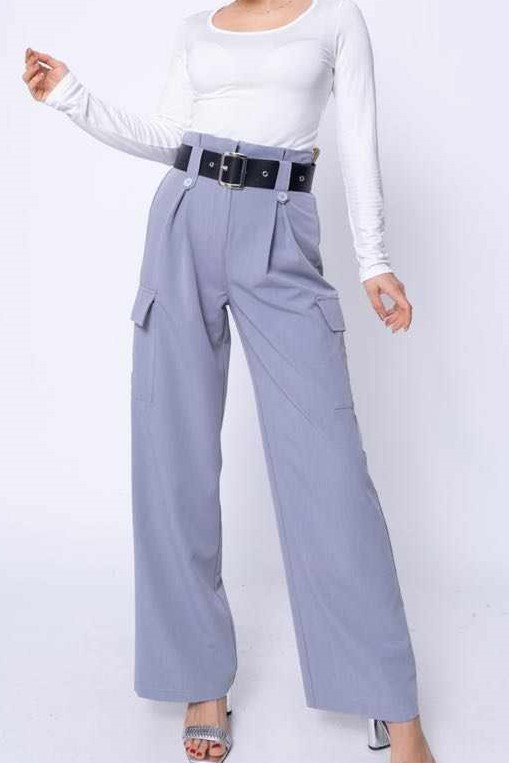 Παντελόνα με τσέπες και ζώνη γκρι 10111-409