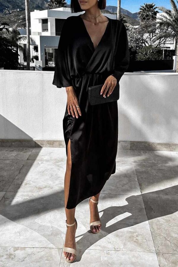 Φόρεμα σατινέ με ντεκολτέ και αέρινο μανίκι μαύρο 10181-201
