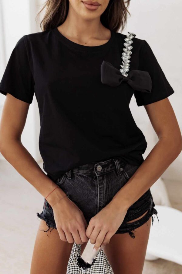 T-shirt με λωρίδα strass και φιόγκο μαύρο 10233-101