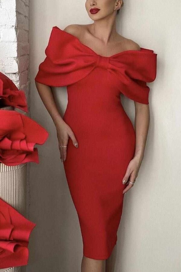 Φόρεμα μίντι με πεσμένους ώμους κόκκινο 10222-201