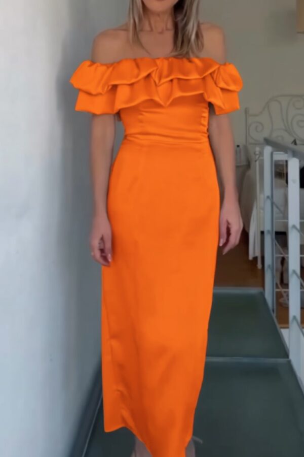 Φόρεμα σατινέ με πεσμένους ώμους βολάν πορτοκαλί 10239-201