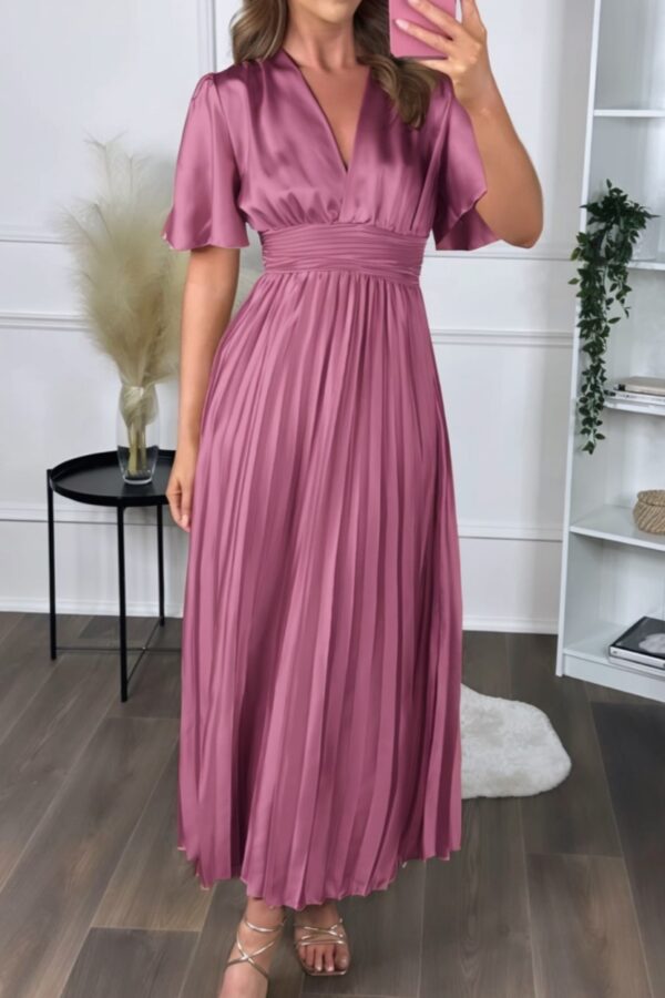 Φόρεμα σατινέ κρουαζέ με πλισέ φούστα σομόν 10244-201