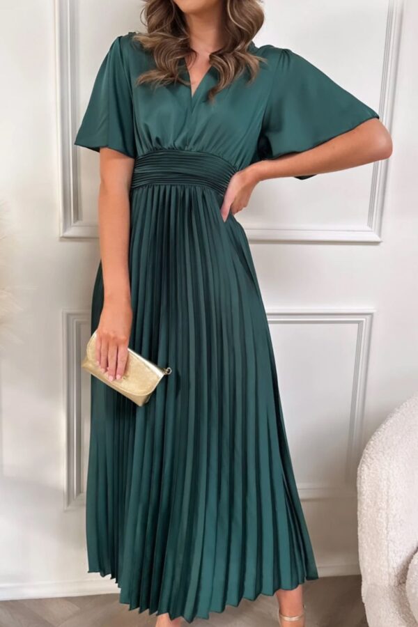 Φόρεμα σατινέ κρουαζέ με πλισέ φούστα κυπαρισσί 10244-201