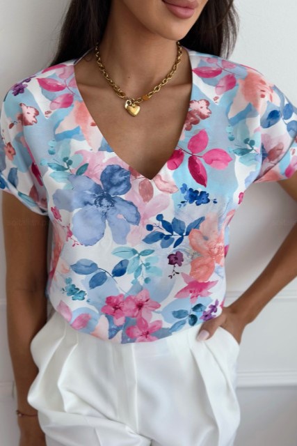 Μπλούζα με V κοντομάνικη floral γαλάζιο 10245-101
