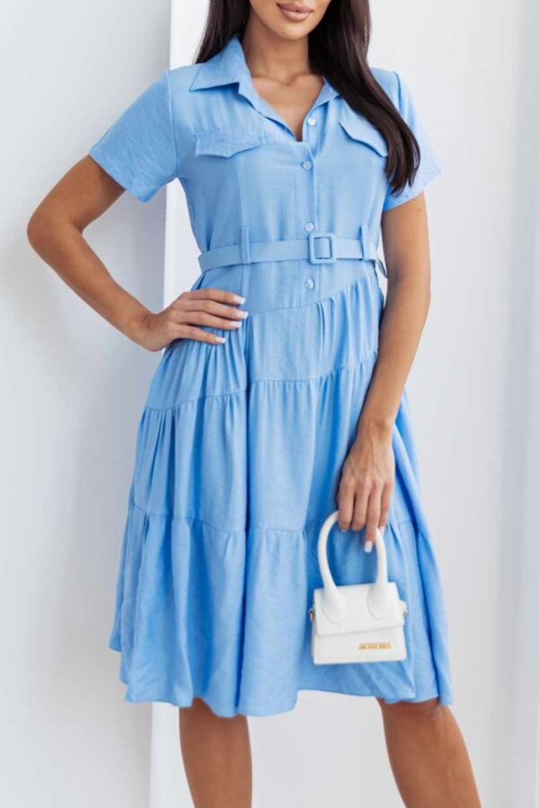 Φόρεμα κοντομάνικο με πτυχές και ζώνη γαλάζιο 10293-201