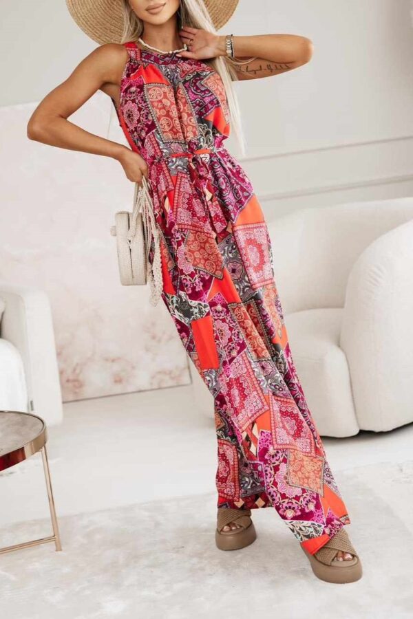 Φόρεμα halter λαιμόκοψη εμπριμέ με ίδια ζώνη λαχούρια ροζ 10290-201