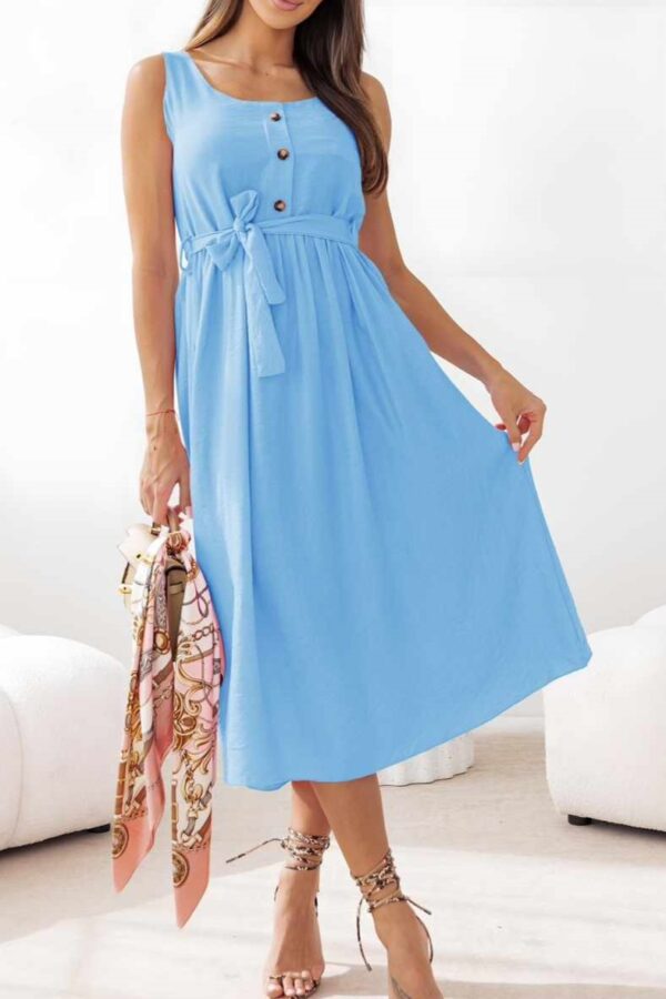 Φόρεμα μίντι με διακοσμητικά κουμπιά και ζώνη γαλάζιο 10341-201