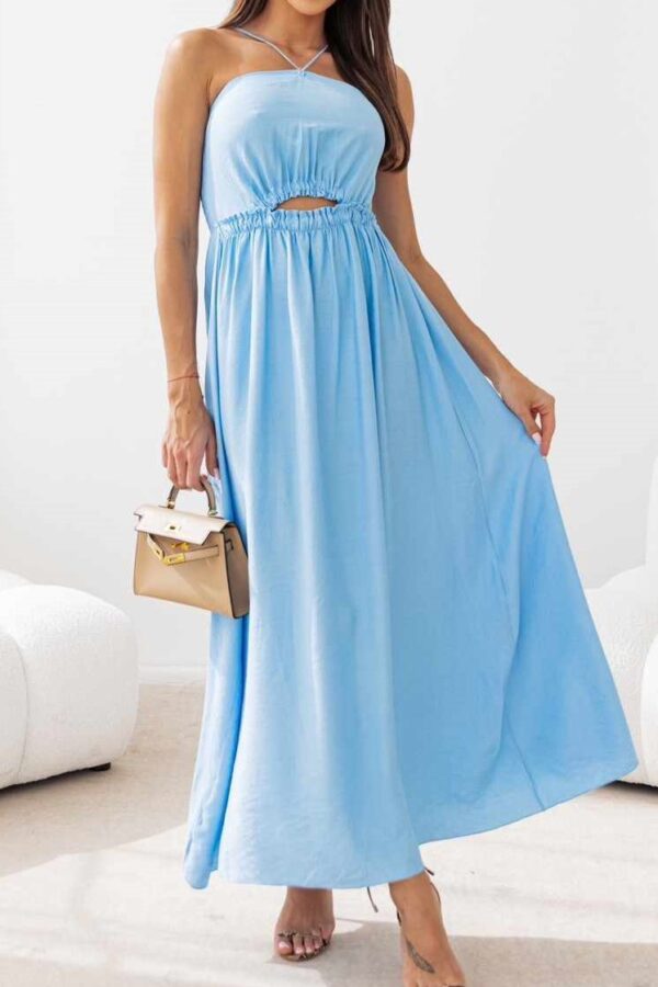 Φόρεμα στράπλες με δέσιμο στο λαιμό και cut γαλάζιο 10352-201