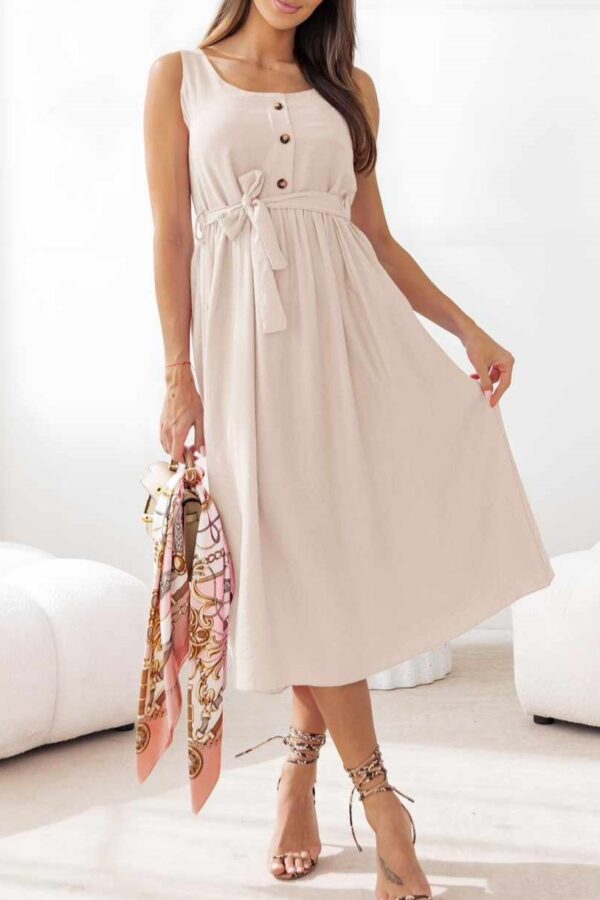 Φόρεμα μίντι με διακοσμητικά κουμπιά και ζώνη μπεζ 10341-201