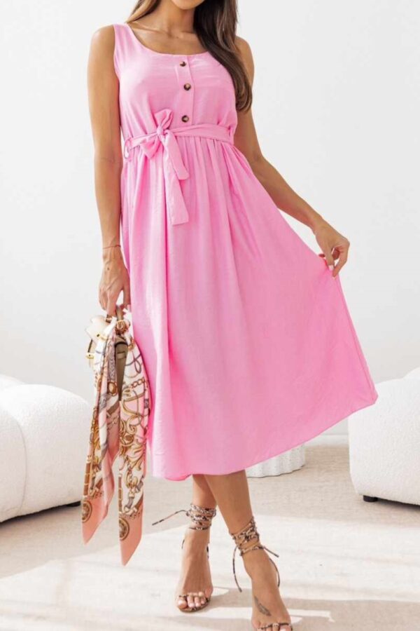 Φόρεμα μίντι με διακοσμητικά κουμπιά και ζώνη ροζ 10341-201