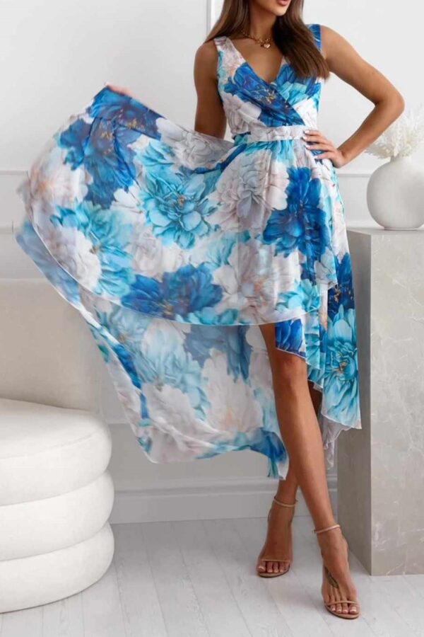 Φόρεμα αέριο με άνοιγμα φλοράλ λευκό με μπλε 10385-201