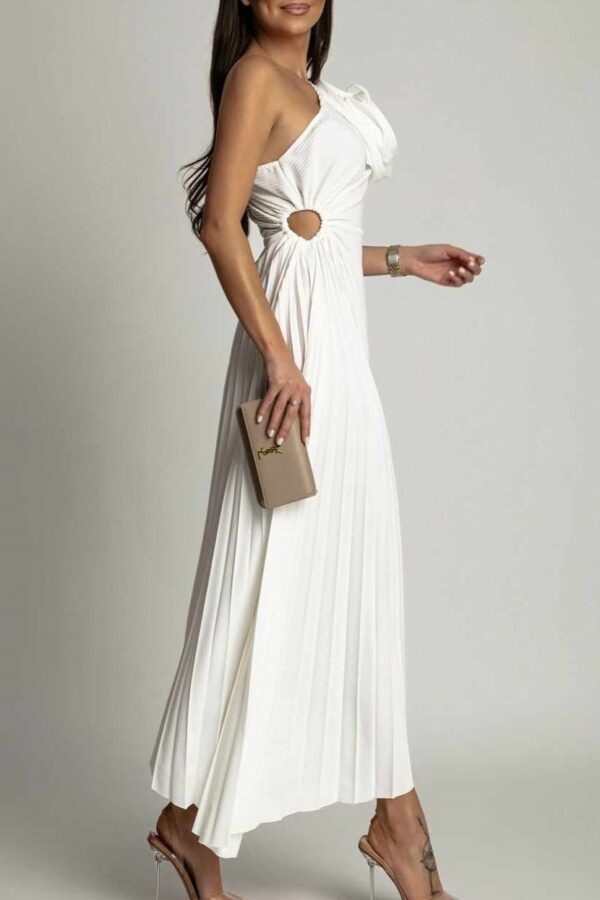 Φόρεμα ασύμετρο πλισέ με cut και rose λευκό 10395-202